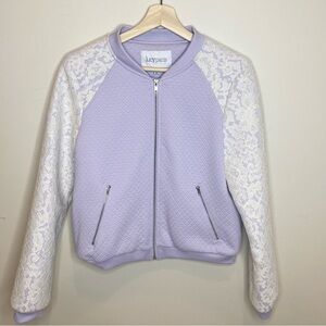 Lucy Paris Quilted Bomber Jacket With Lace Sleeves Lavender Medium